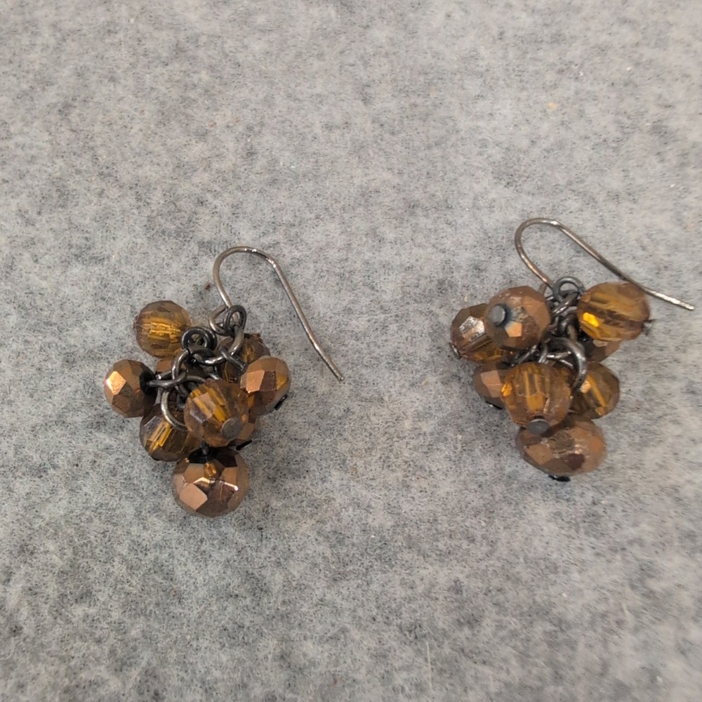 Beaded Cluster Earrings Amber Brown Faceted Drop Dangle Boho Chic - Picture 1 of 3